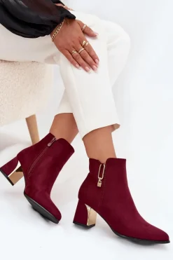 Botki Damskie Na Słupku Ze Złotymi Detalami Bordowe Kalivra