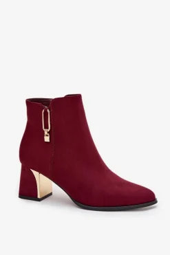 Botki Damskie Na Słupku Ze Złotymi Detalami Bordowe Kalivra
