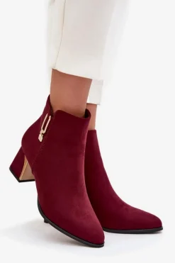 Botki Damskie Na Słupku Ze Złotymi Detalami Bordowe Kalivra
