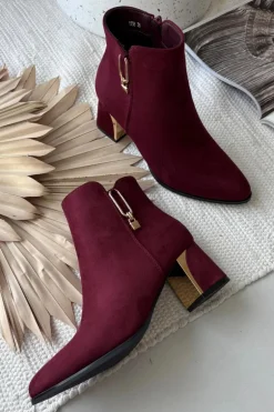 Botki Damskie Na Słupku Ze Złotymi Detalami Bordowe Kalivra