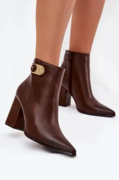 Botki Damskie Na Słupku Ze Złotym Detalem Czekoladowe Tharina