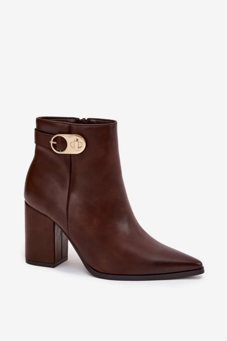 Botki Damskie Na Słupku Ze Złotym Detalem Czekoladowe Tharina