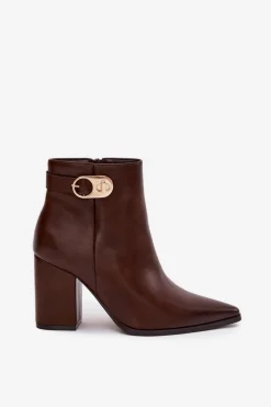 Botki Damskie Na Słupku Ze Złotym Detalem Czekoladowe Tharina