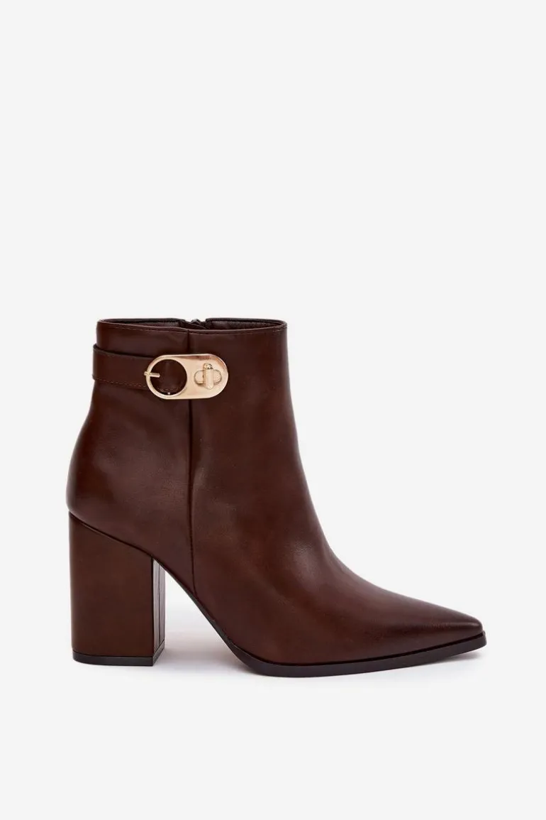 Botki Damskie Na Słupku Ze Złotym Detalem Czekoladowe Tharina