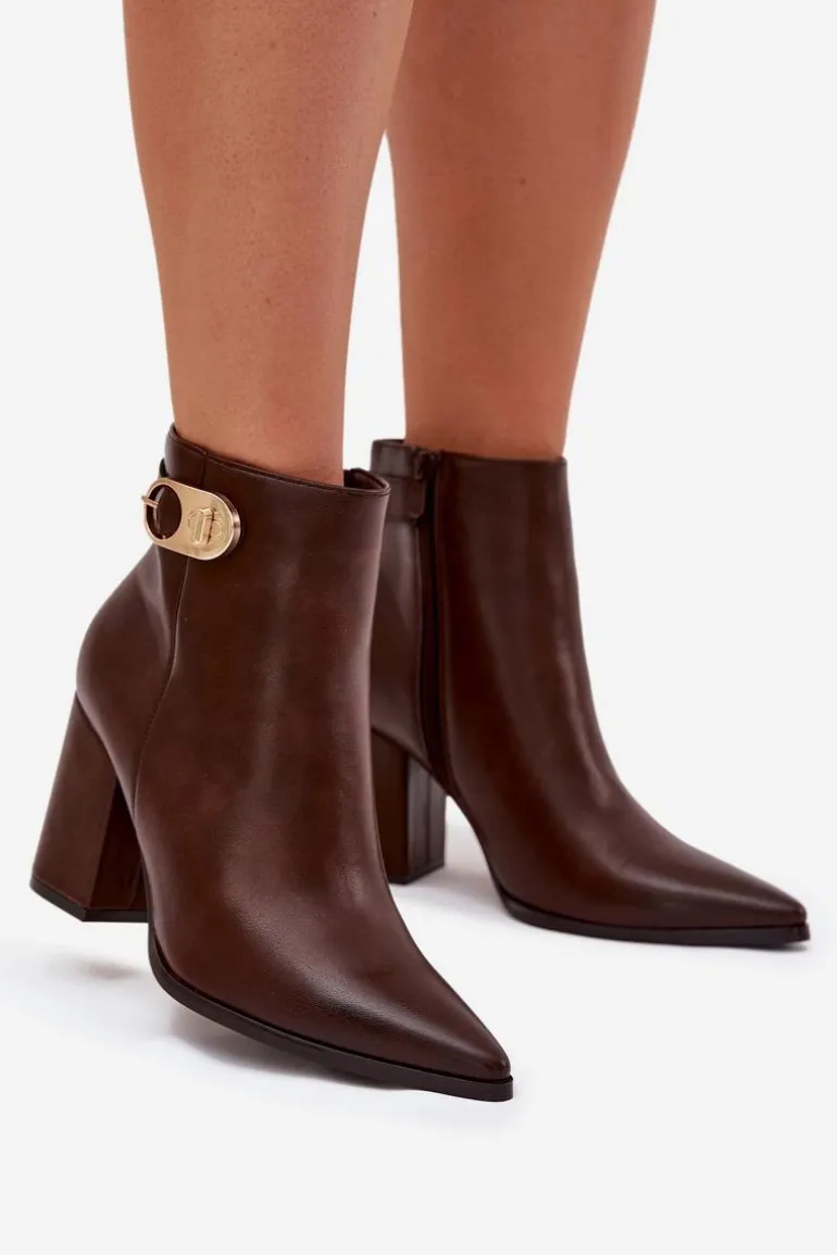 Botki Damskie Na Słupku Ze Złotym Detalem Czekoladowe Tharina