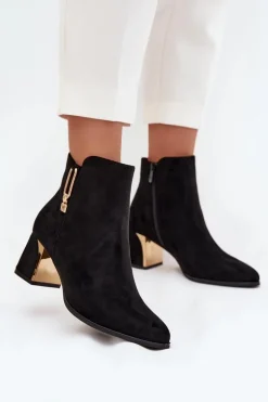 Botki Damskie Na Słupku Ze Złotymi Detalami Czarne Kalivra