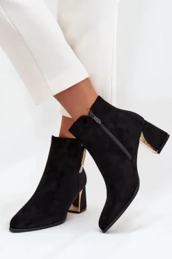 Botki Damskie Na Słupku Ze Złotymi Detalami Czarne Kalivra
