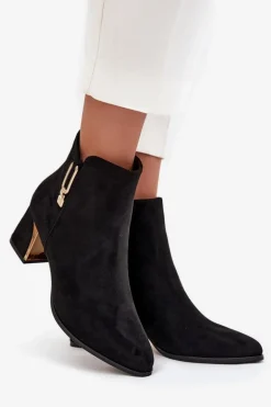 Botki Damskie Na Słupku Ze Złotymi Detalami Czarne Kalivra