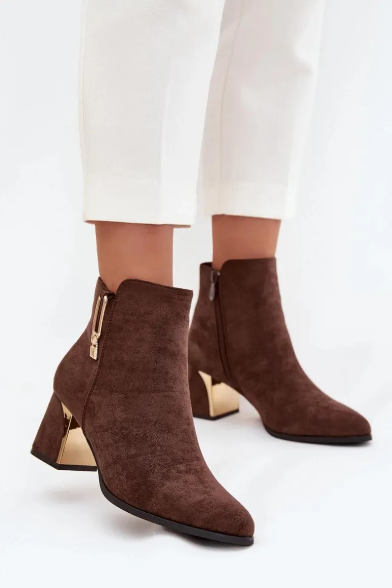 Botki Damskie Na Słupku Ze Złotymi Detalami Brązowe Kalivra