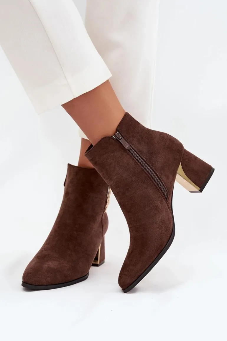 Botki Damskie Na Słupku Ze Złotymi Detalami Brązowe Kalivra