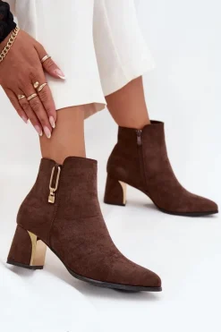 Botki Damskie Na Słupku Ze Złotymi Detalami Brązowe Kalivra