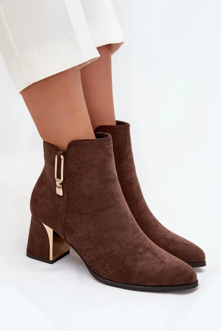 Botki Damskie Na Słupku Ze Złotymi Detalami Brązowe Kalivra