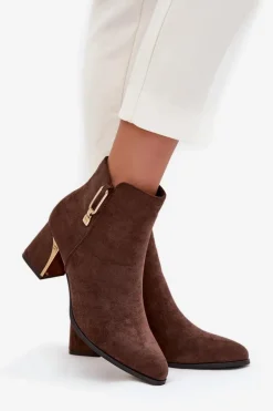 Botki Damskie Na Słupku Ze Złotymi Detalami Brązowe Kalivra