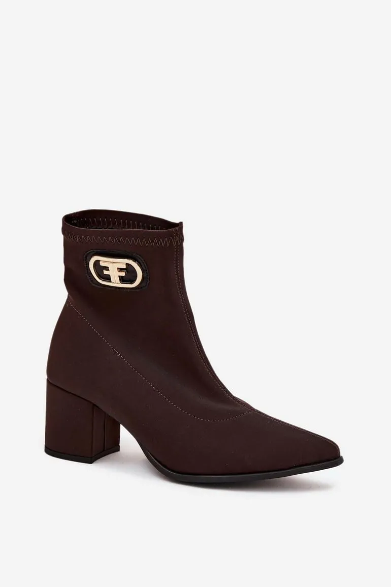 Botki Damskie Na Słupku Ze Złotym Detalem Zazoo 3128 Czekoladowe