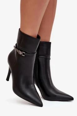 Botki Damskie Na Szpilce Z Paskiem I Srebrnym Elementem Ocieplane Czarne Bellisse