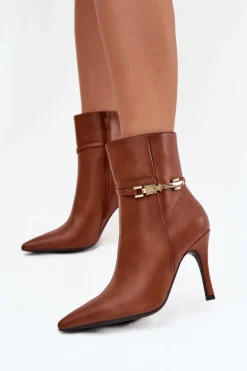Botki Damskie Na Szpilce Z Paskiem I Złotym Elementem Ocieplane Camel Bellisse