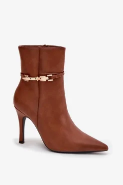 Botki Damskie Na Szpilce Z Paskiem I Złotym Elementem Ocieplane Camel Bellisse
