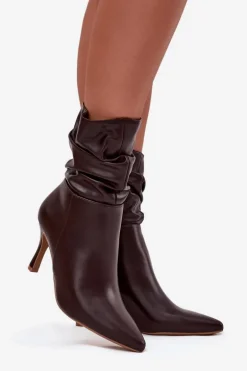 Botki Damskie Na Szpilce Z Marszczoną Cholewką Zamek Czekoladowe Ulisse