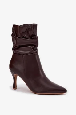 Botki Damskie Na Szpilce Z Marszczoną Cholewką Zamek Czekoladowe Ulisse