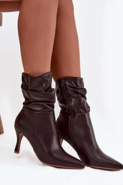 Botki Damskie Na Szpilce Z Marszczoną Cholewką Zamek Czekoladowe Ulisse