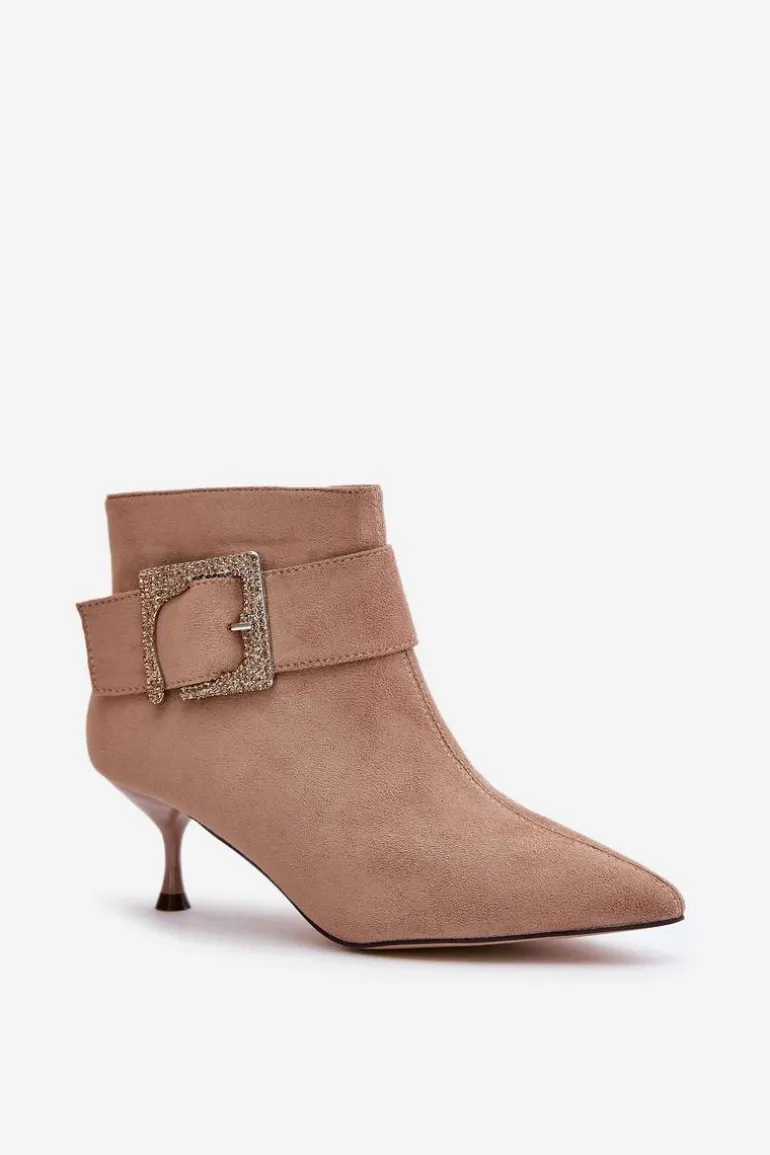Botki Damskie Na Szpilce Z Ozdobną Klamrą Beżowe Nirilis