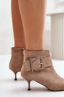 Botki Damskie Na Szpilce Z Ozdobną Klamrą Beżowe Nirilis