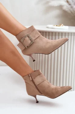 Botki Damskie Na Szpilce Z Ozdobną Klamrą Beżowe Nirilis