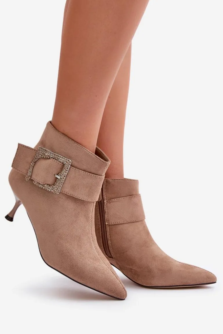 Botki Damskie Na Szpilce Z Ozdobną Klamrą Beżowe Nirilis