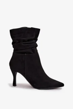 Botki Damskie Na Szpilce Z Marszczoną Cholewką Eko Zamszowe Zamek Czarne Ulisse