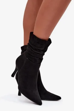 Botki Damskie Na Szpilce Z Marszczoną Cholewką Eko Zamszowe Zamek Czarne Ulisse