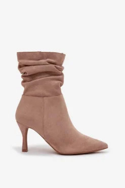 Botki Damskie Na Szpilce Z Marszczoną Cholewką Eko Zamszowe Zamek Beżowe Ulisse