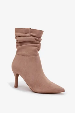 Botki Damskie Na Szpilce Z Marszczoną Cholewką Eko Zamszowe Zamek Beżowe Ulisse