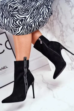 Botki Damskie Na Szpilce Zamszowe Czarne GG2N3005
