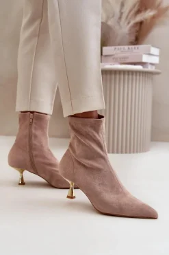 Botki Damskie Na Szpilce Eko Zamszowe Z Noskami W Szpic Beżowe Irithare