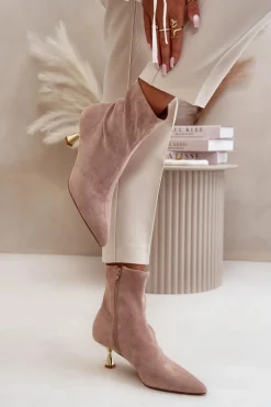 Botki Damskie Na Szpilce Eko Zamszowe Z Noskami W Szpic Beżowe Irithare