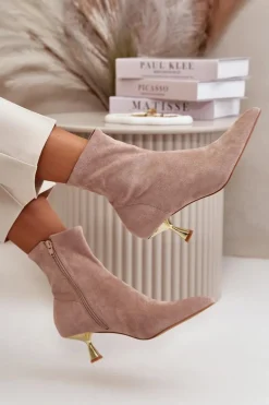 Botki Damskie Na Szpilce Eko Zamszowe Z Noskami W Szpic Beżowe Irithare