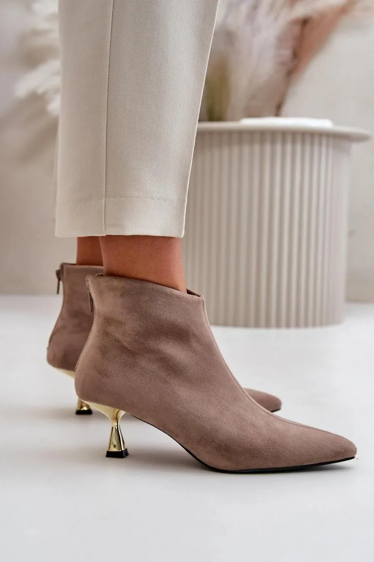 Botki Damskie Na Szpilce Eko Zamszowe Ciemnobeżowe Terlena