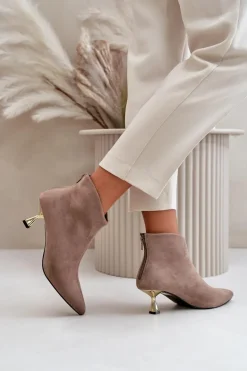 Botki Damskie Na Szpilce Eko Zamszowe Ciemnobeżowe Terlena