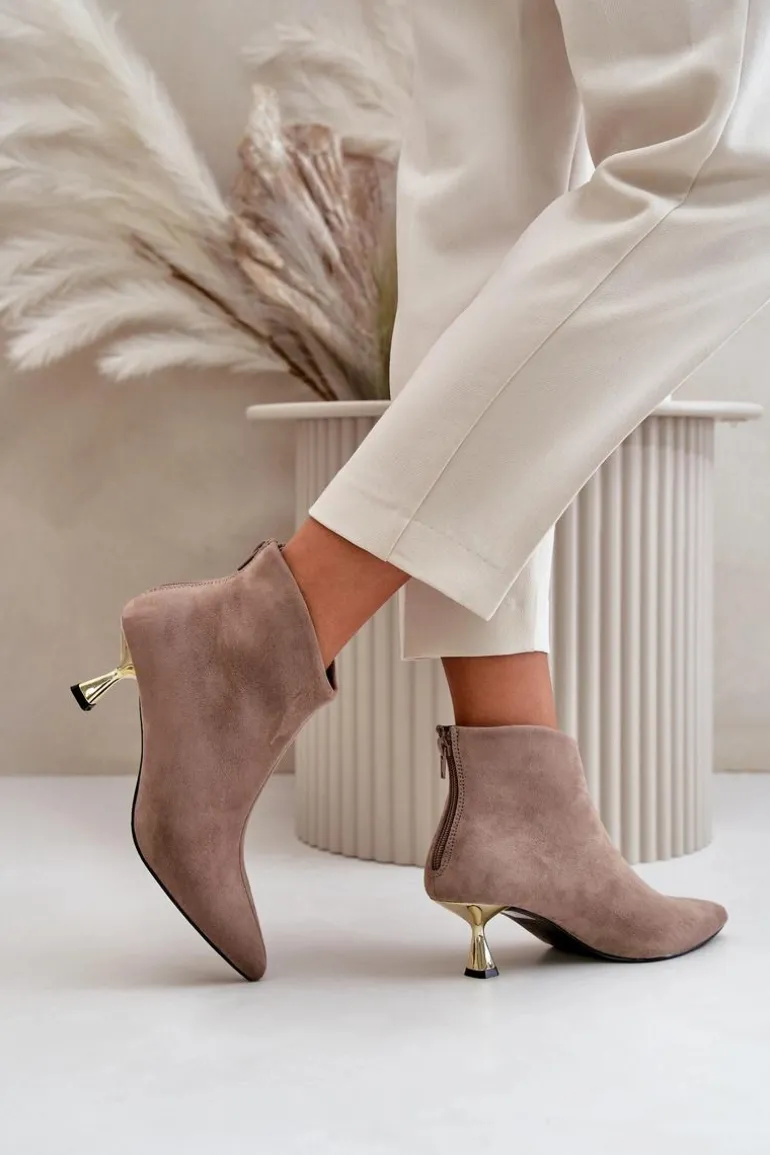 Botki Damskie Na Szpilce Eko Zamszowe Ciemnobeżowe Terlena