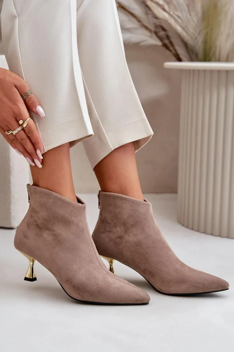 Botki Damskie Na Szpilce Eko Zamszowe Ciemnobeżowe Terlena