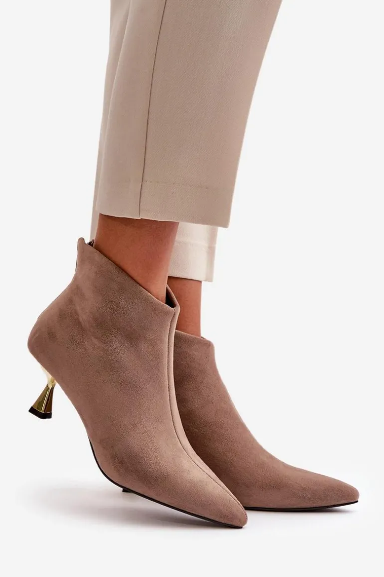 Botki Damskie Na Szpilce Eko Zamszowe Ciemnobeżowe Terlena