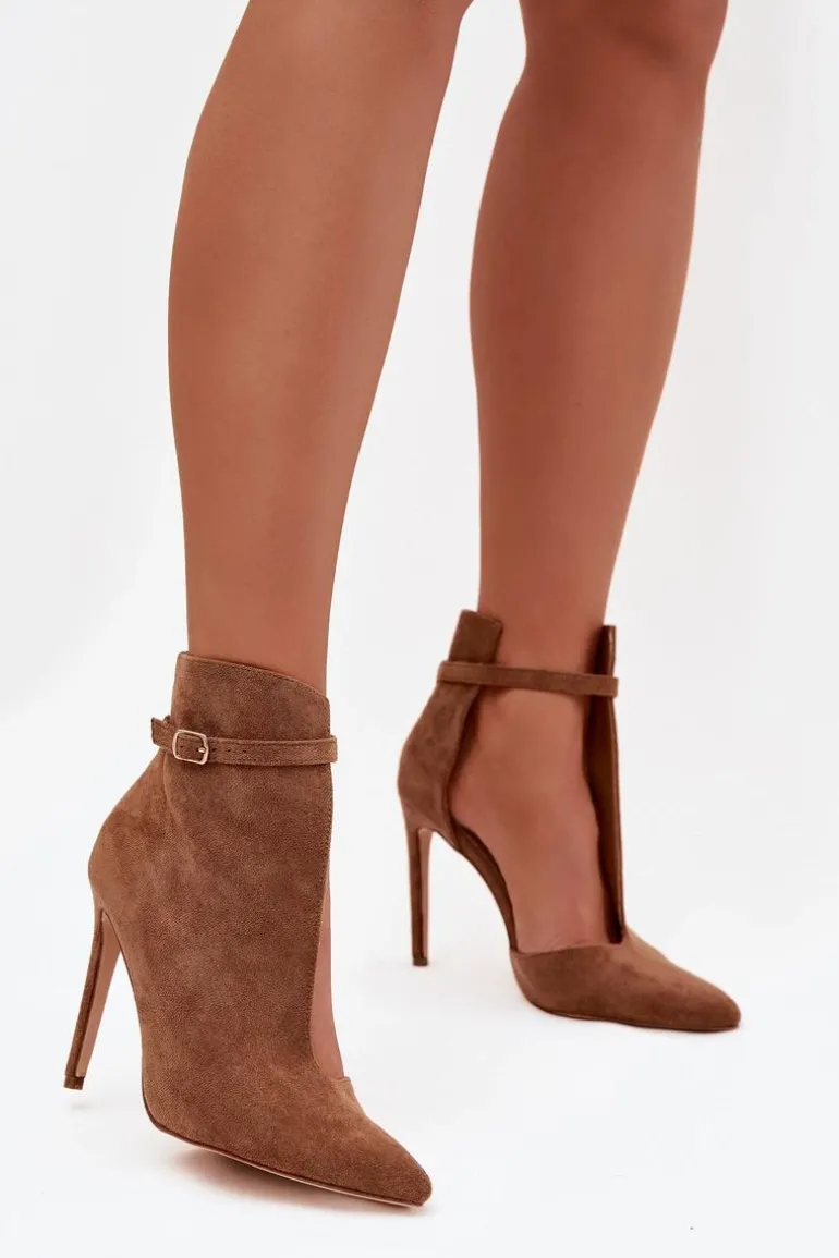 Botki Damskie Na Szpilce Z Eko Zamszu Ciemnobeżowe Amalundi