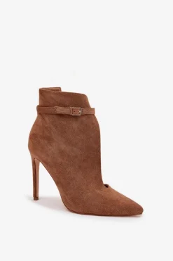 Botki Damskie Na Szpilce Z Eko Zamszu Ciemnobeżowe Amalundi