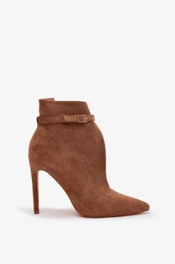 Botki Damskie Na Szpilce Z Eko Zamszu Ciemnobeżowe Amalundi