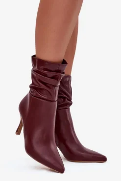 Botki Damskie Na Szpilce Z Marszczoną Cholewką Zamek Bordowe Ulisse
