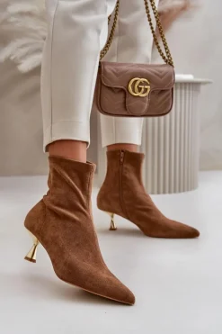 Botki Damskie Na Szpilce Eko Zamszowe Z Noskami W Szpic Camel Irithare