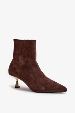Botki Damskie Na Szpilce Eko Zamszowe Z Noskami W Szpic Brązowe Irithare