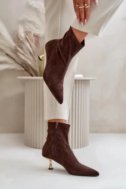 Botki Damskie Na Szpilce Eko Zamszowe Z Noskami W Szpic Brązowe Irithare