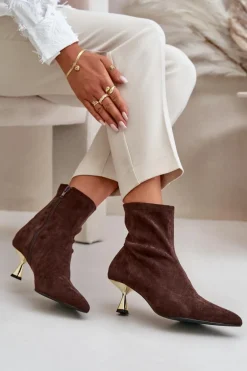 Botki Damskie Na Szpilce Eko Zamszowe Z Noskami W Szpic Brązowe Irithare