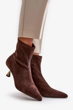 Botki Damskie Na Szpilce Eko Zamszowe Z Noskami W Szpic Brązowe Irithare